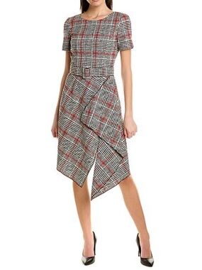 Oscar de la Renta Tartan Tweed Midi Dress Belted Asymmetric Hem Dress